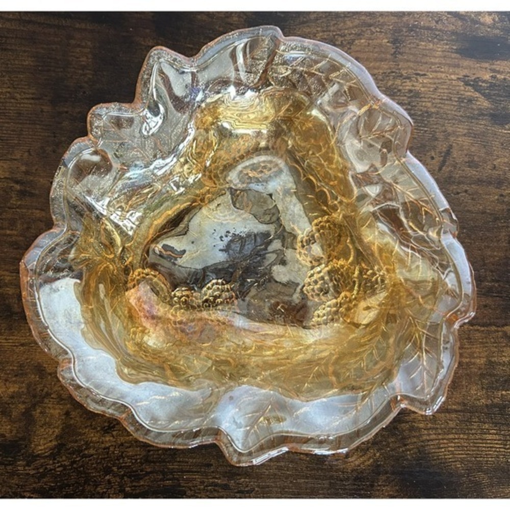 Vintage Indiana Carnival‎ Glass Loganberry Leaf Amber Marigold Candy Dish Gift